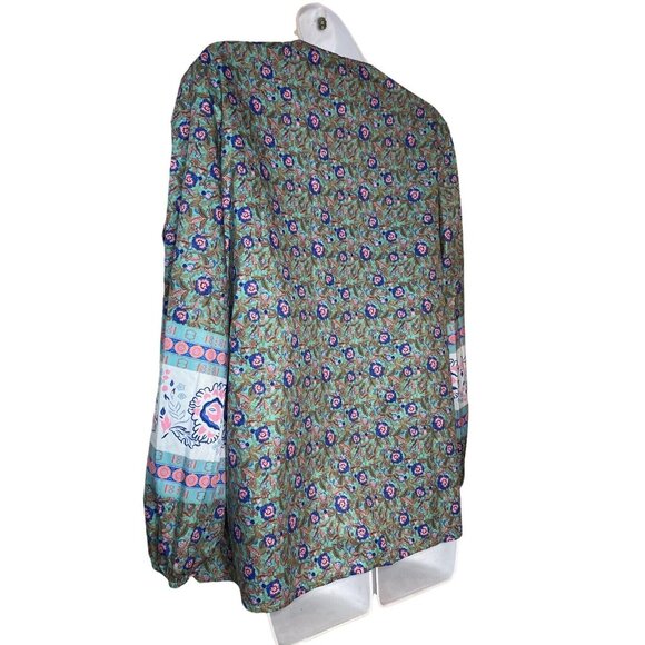 Misslook Womens Boho Top Blue Floral Chiffon Tie V Neck Pullover Sz Small - Picture 7 of 9